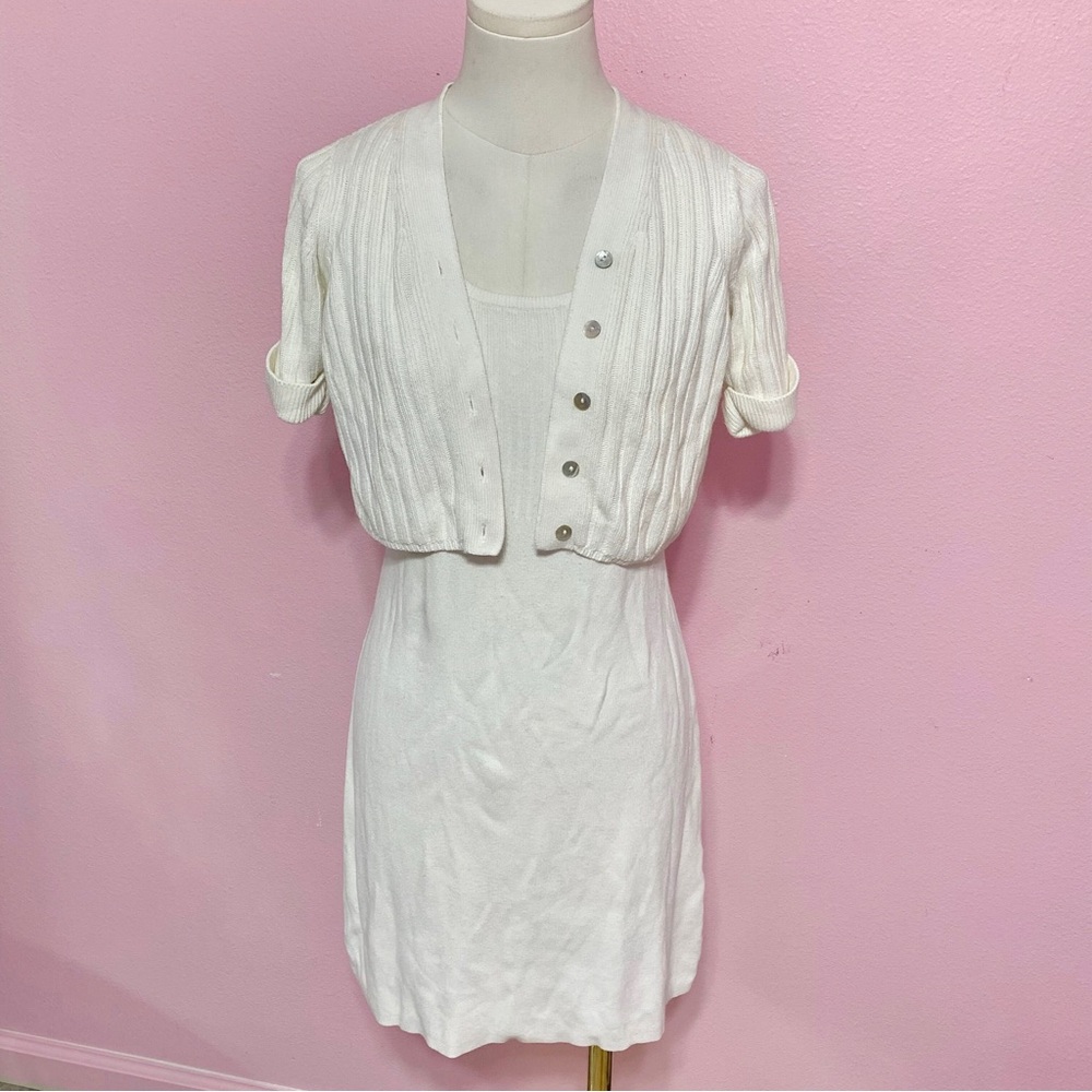 RARE VTG White Knit Short Sleeve Cardigan and Dress Set XS
